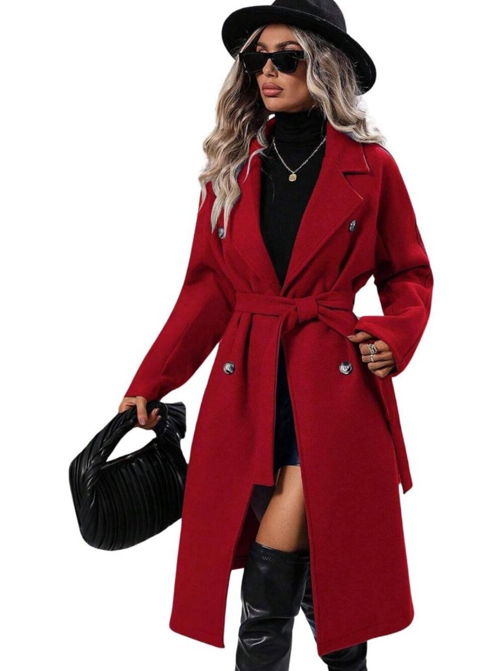 Chic Women's Long Wool Pea Coat, Double Breasted, Notched Lapel, Warm Winter